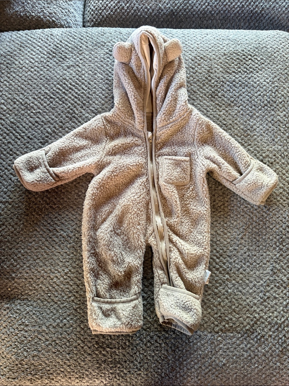 Cozy Taupe Sherpa Baby One-Piece with Hood
